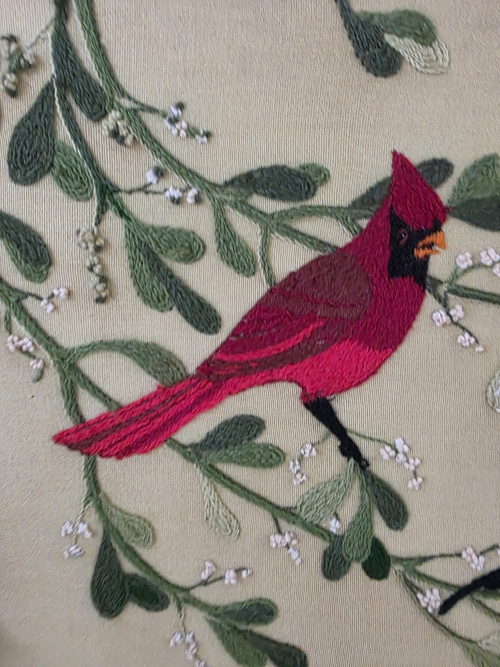 Vintage Mid Century Modern Crewel Embroidery Cardinals Mistletoe Framed Wall Art - Picture 5 of 16